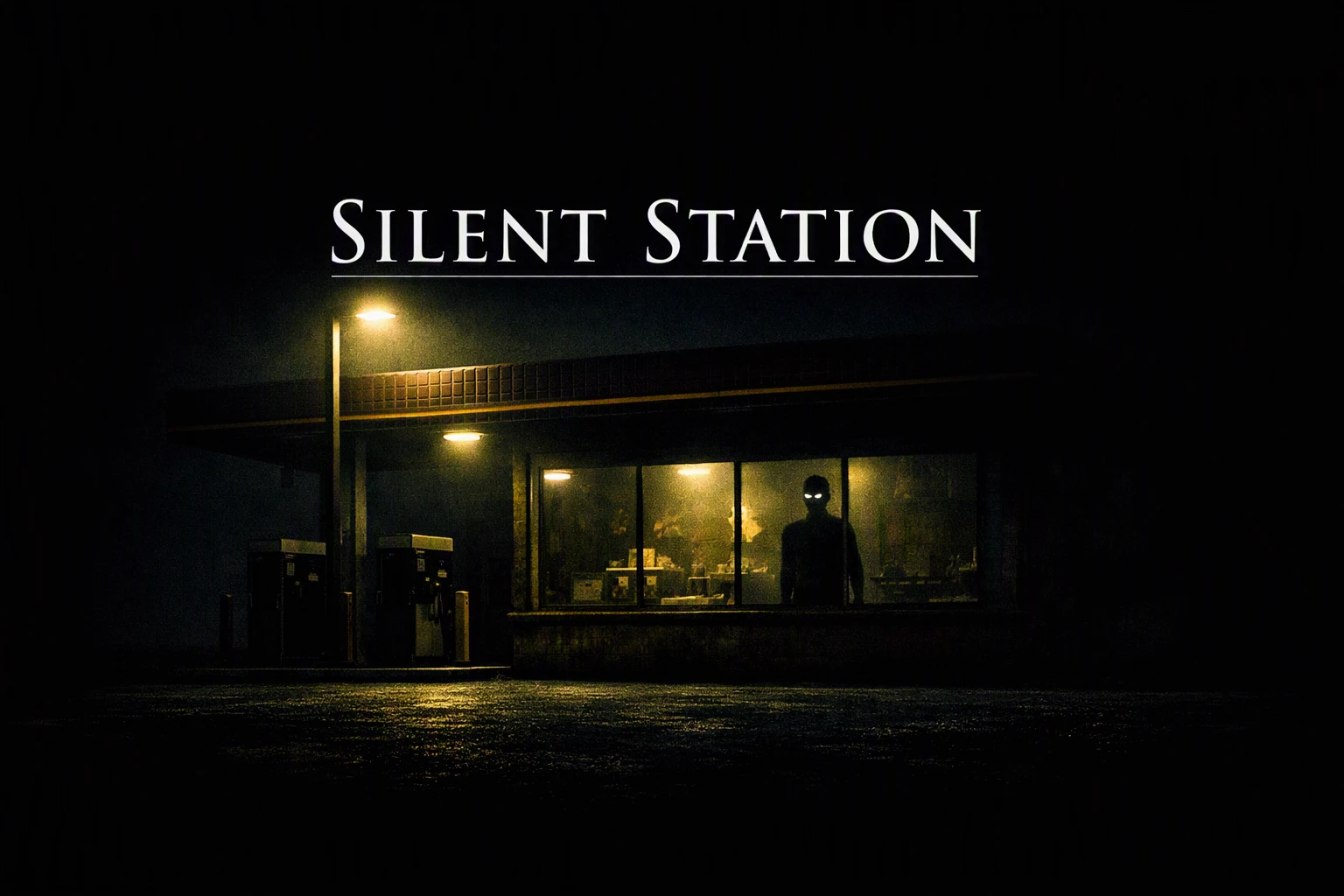 Silent Station cover art: a gas station at night with a glowing-eyed figure in the window